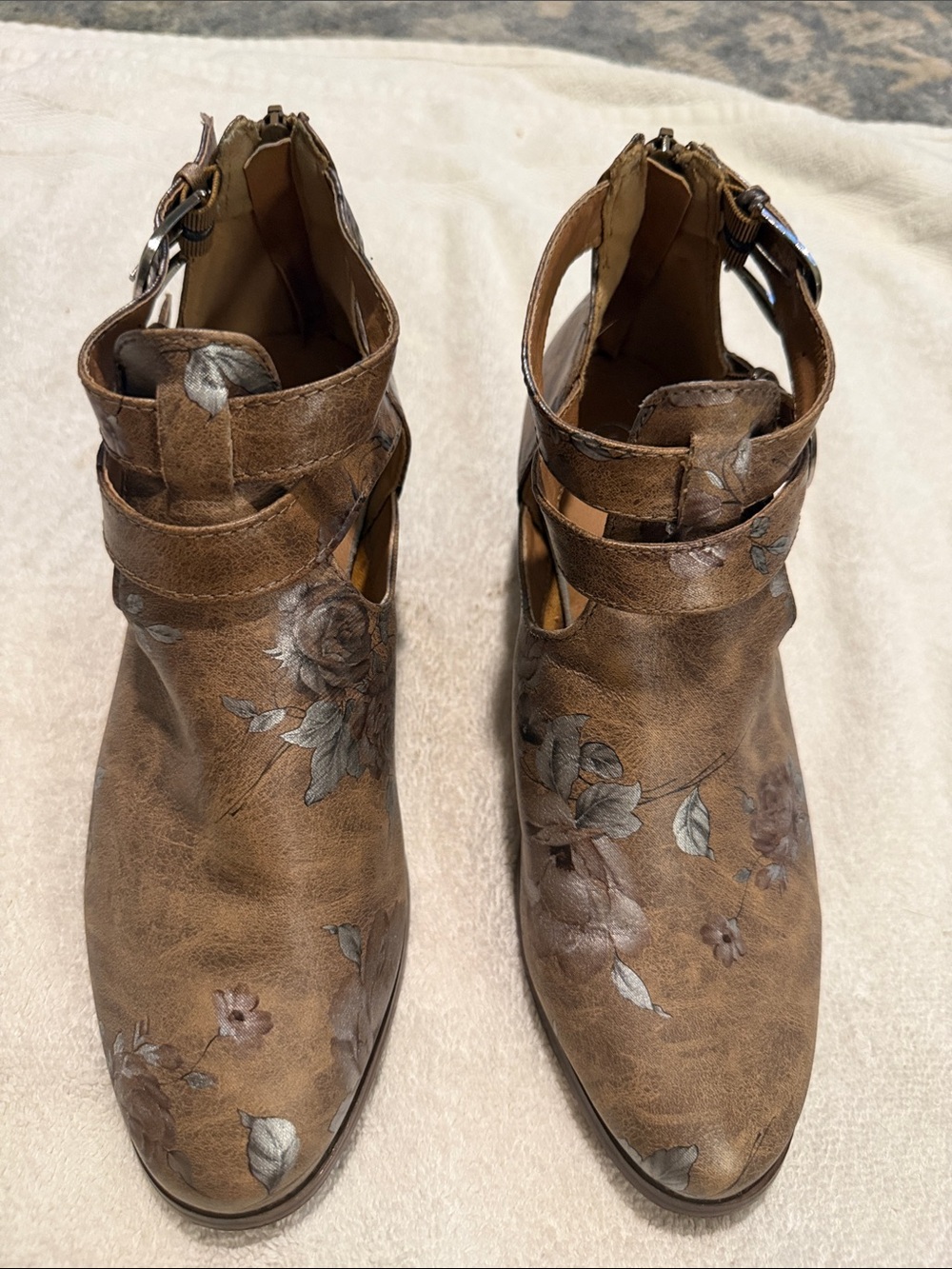 Floral Brown Cutout Ankle Booties with Buckle